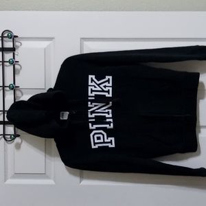 PINK full-zip soft fleece black hoodie. XSmall